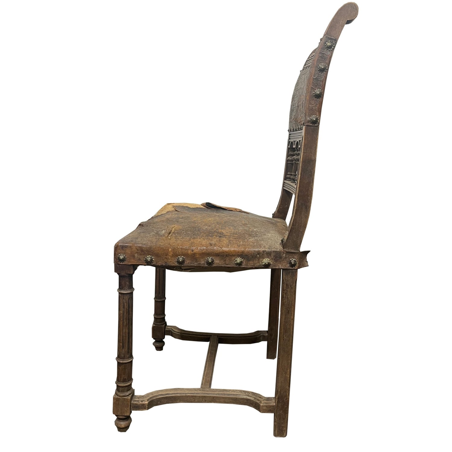 French Henry II Style Walnut Embossed Leather Chairs