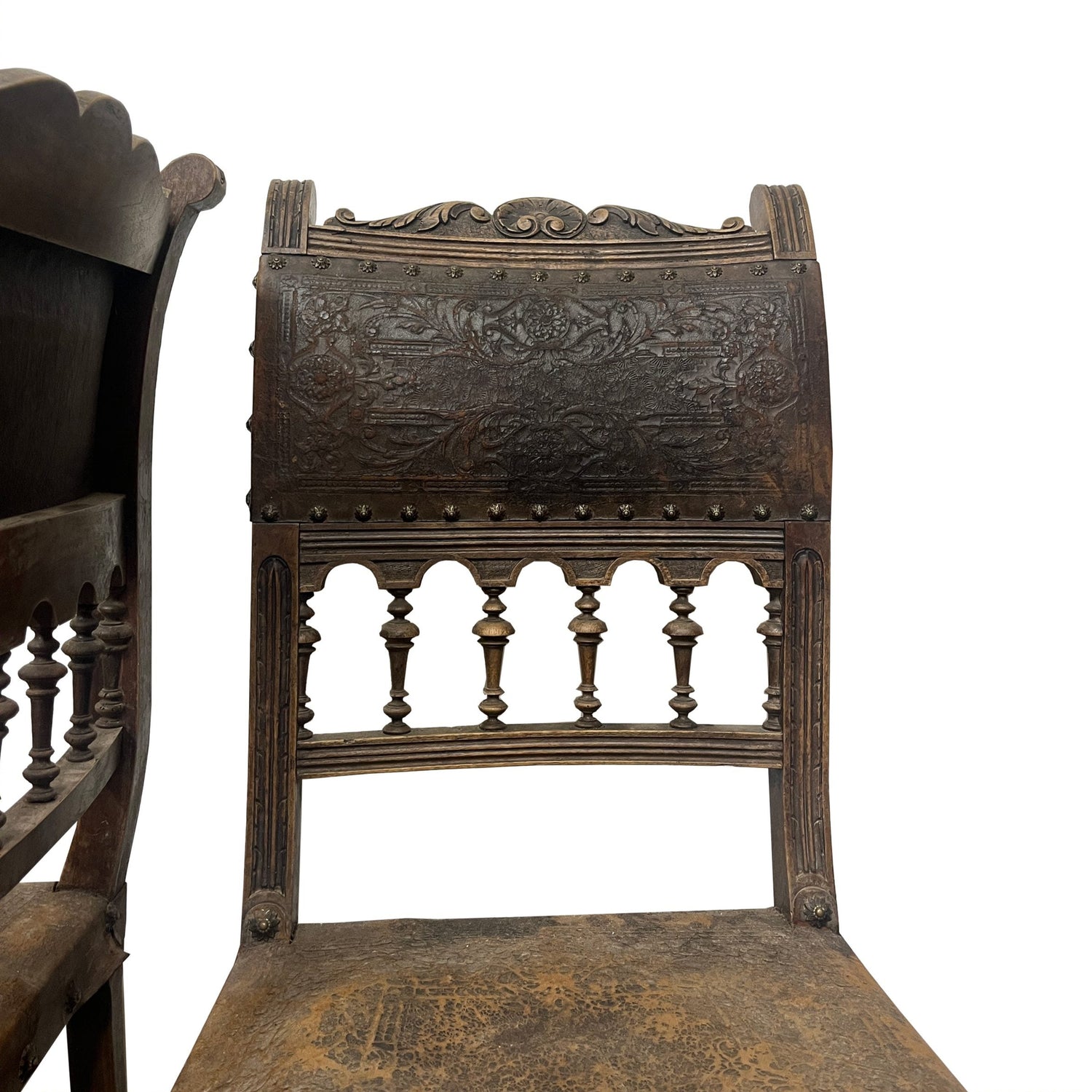 French Henry II Style Walnut Embossed Leather Chairs