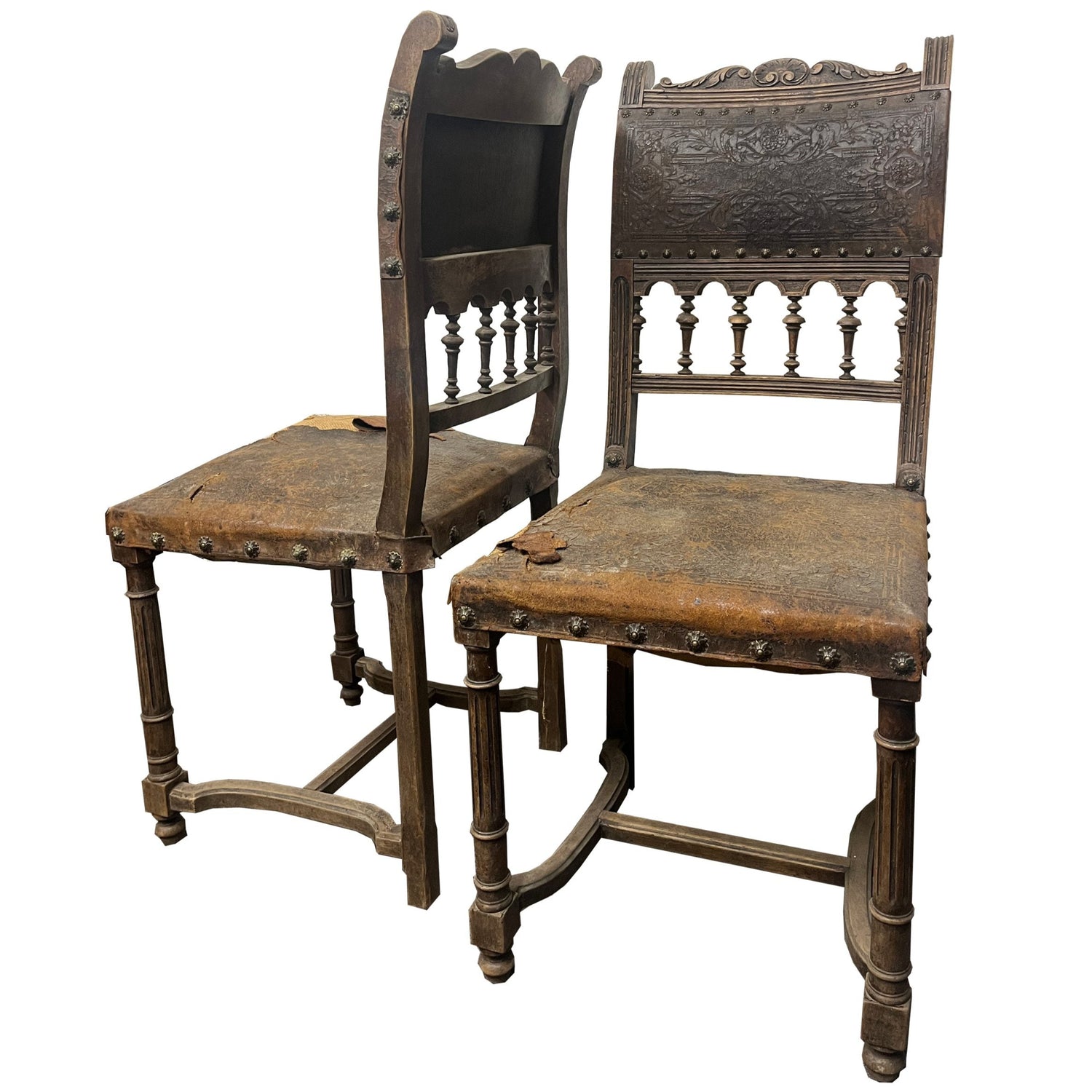French Henry II Style Walnut Embossed Leather Chairs